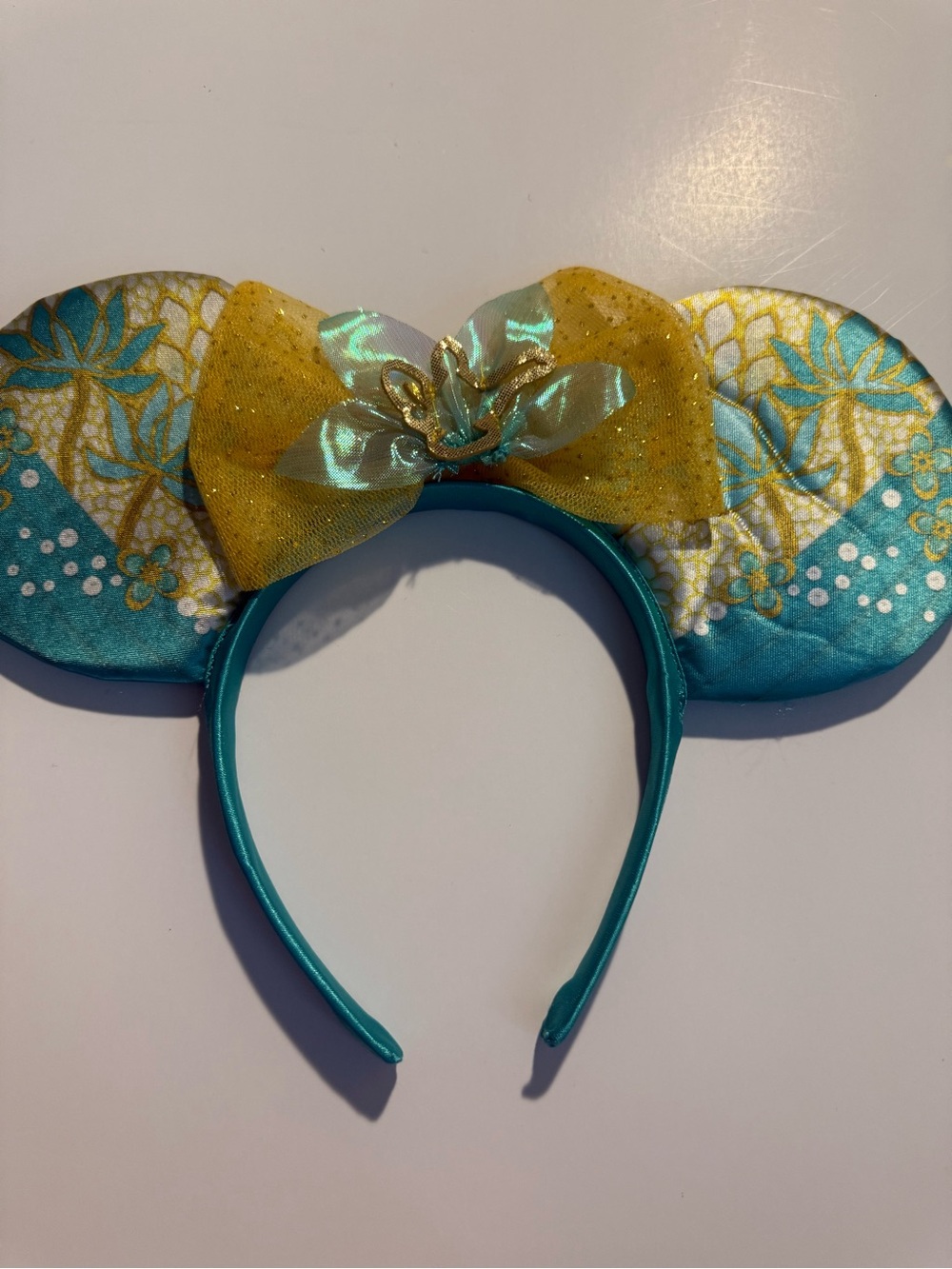 Jasmine Teal and Gold Bow Mouse Ear Headband - Brand